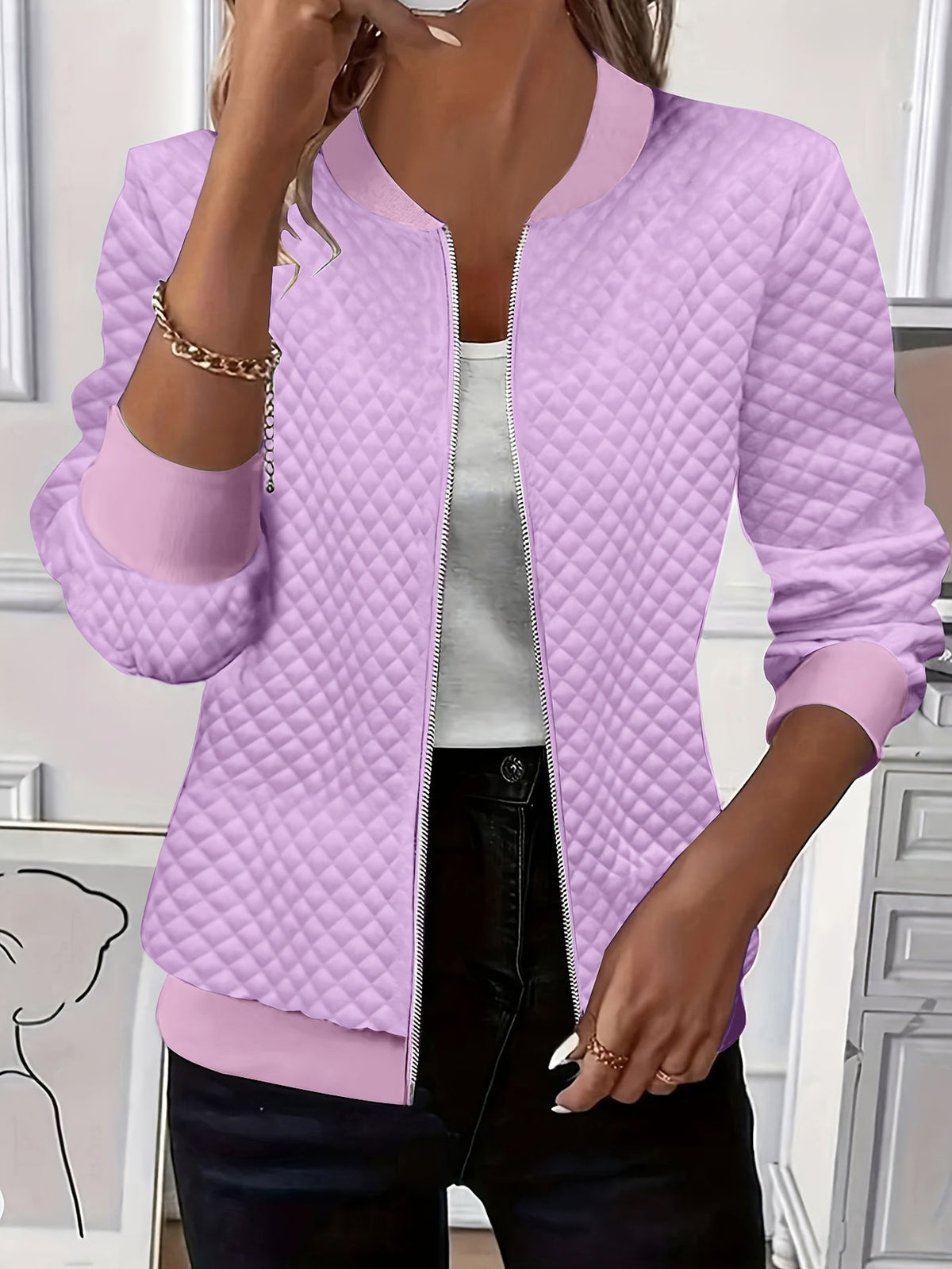 Women's Quilted-Texture Baseball Collar Jacket for Work – view 5