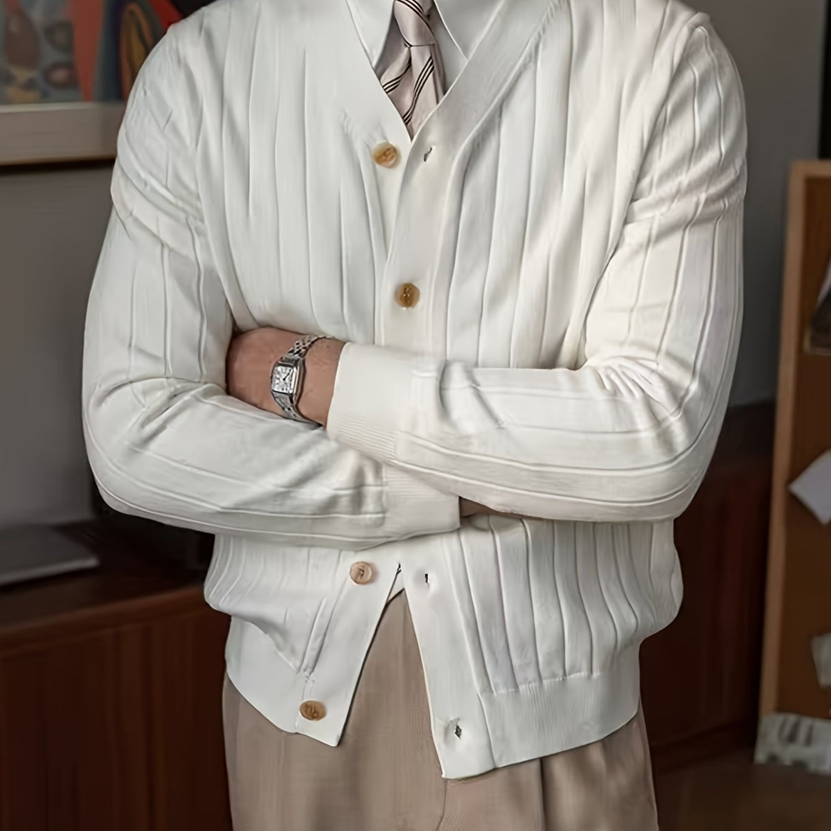 Men's Rib-Knit Button-Up Knit Cardigan Pullover – White