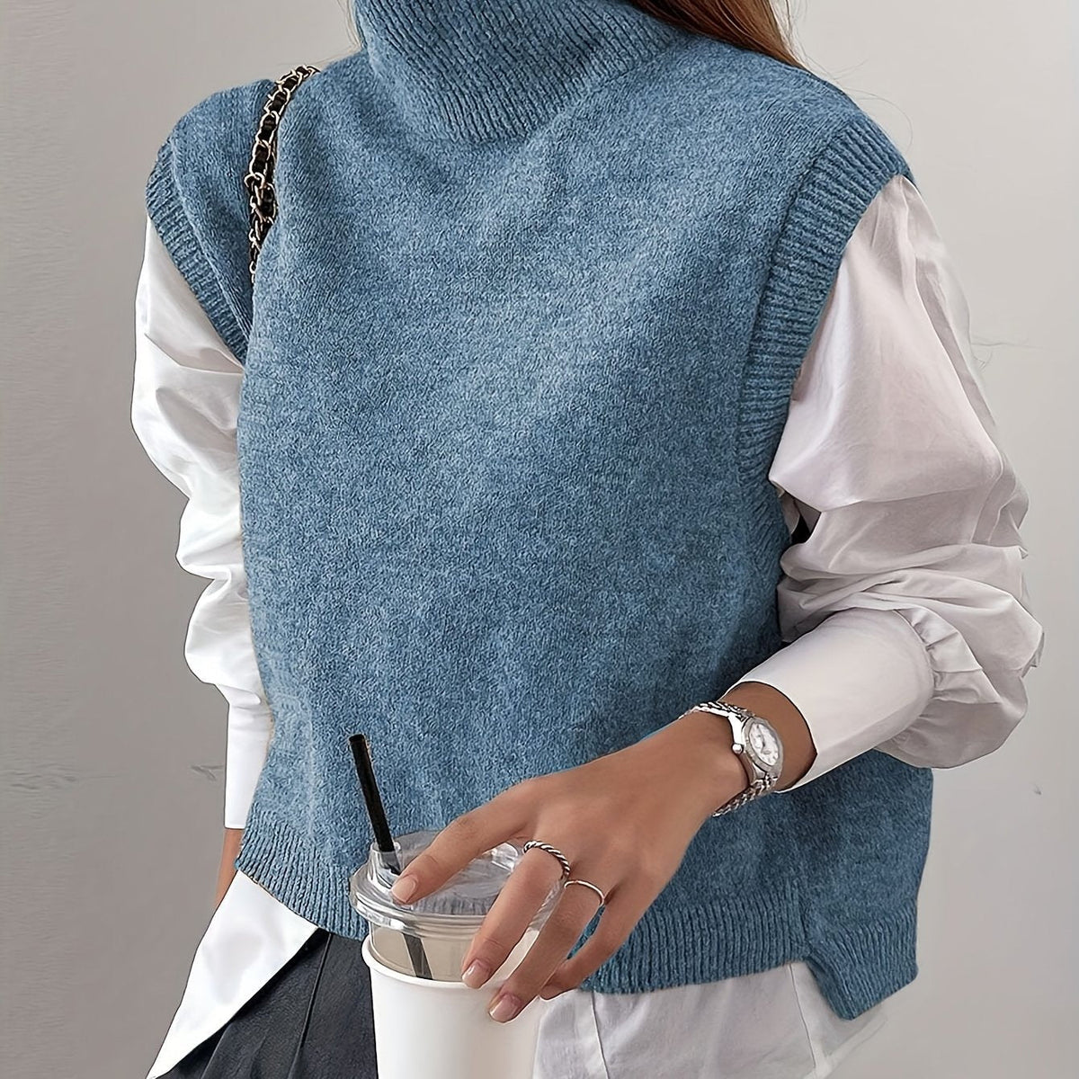 Women's High-Neck Knit Sweater Vest for Weekends – Sea Blue