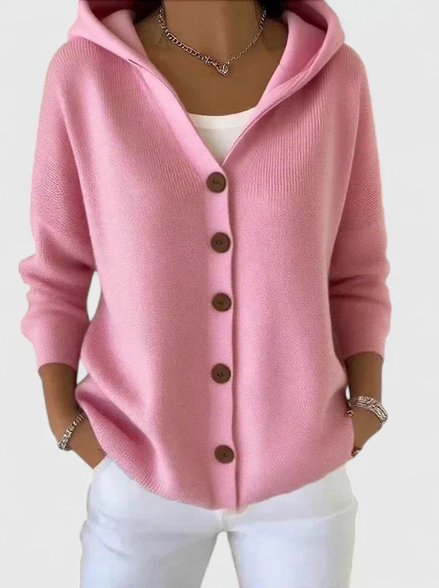Women's Hood-Detail Button-Up Knit Cardigan – Pink