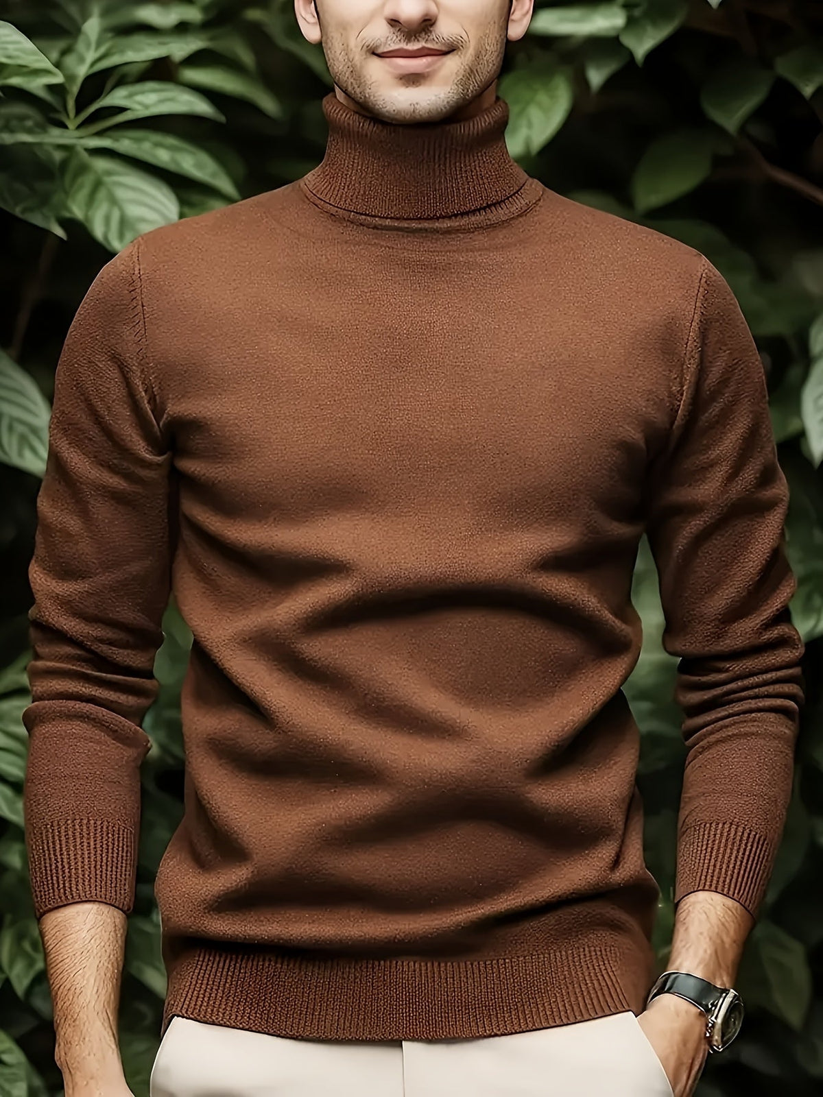 Men's Rib-Knit Roll-Neck Knit Pullover – Bronze