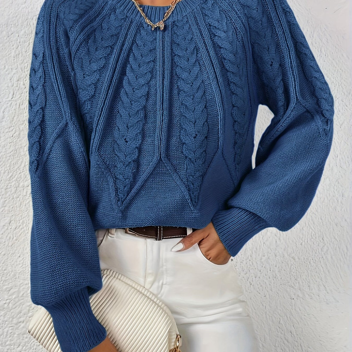 Women's Cable-Stitch Lantern Sleeve Pullover – Navy