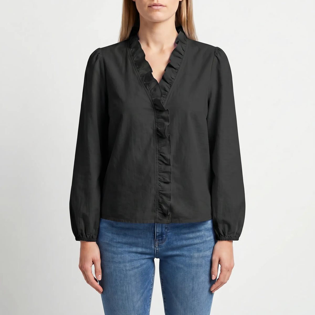 Women's Ruffle V Neck Blouse for Weekends – Black