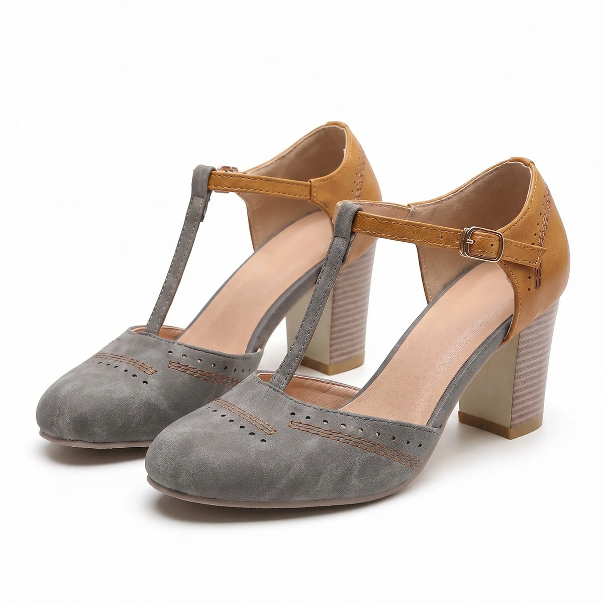 Women's T Strap Block Heels for Everyday Wear – Gray