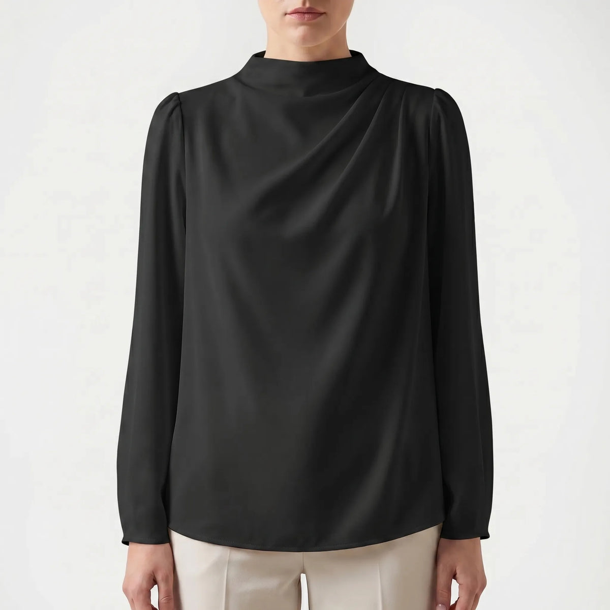 Women's Satin-Finish Draped Blouse – Black