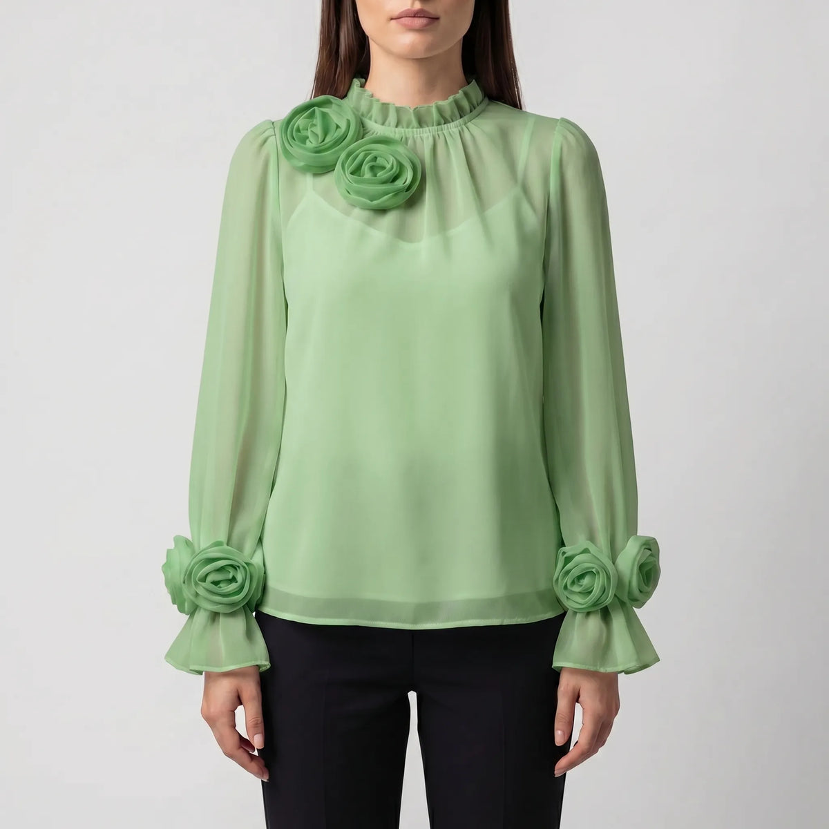 Women's 3D Rose Blouse for Evening Wear – Green