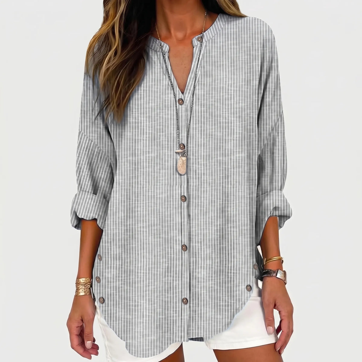 Women's Stripe-Detail Tunic Blouse – Gray