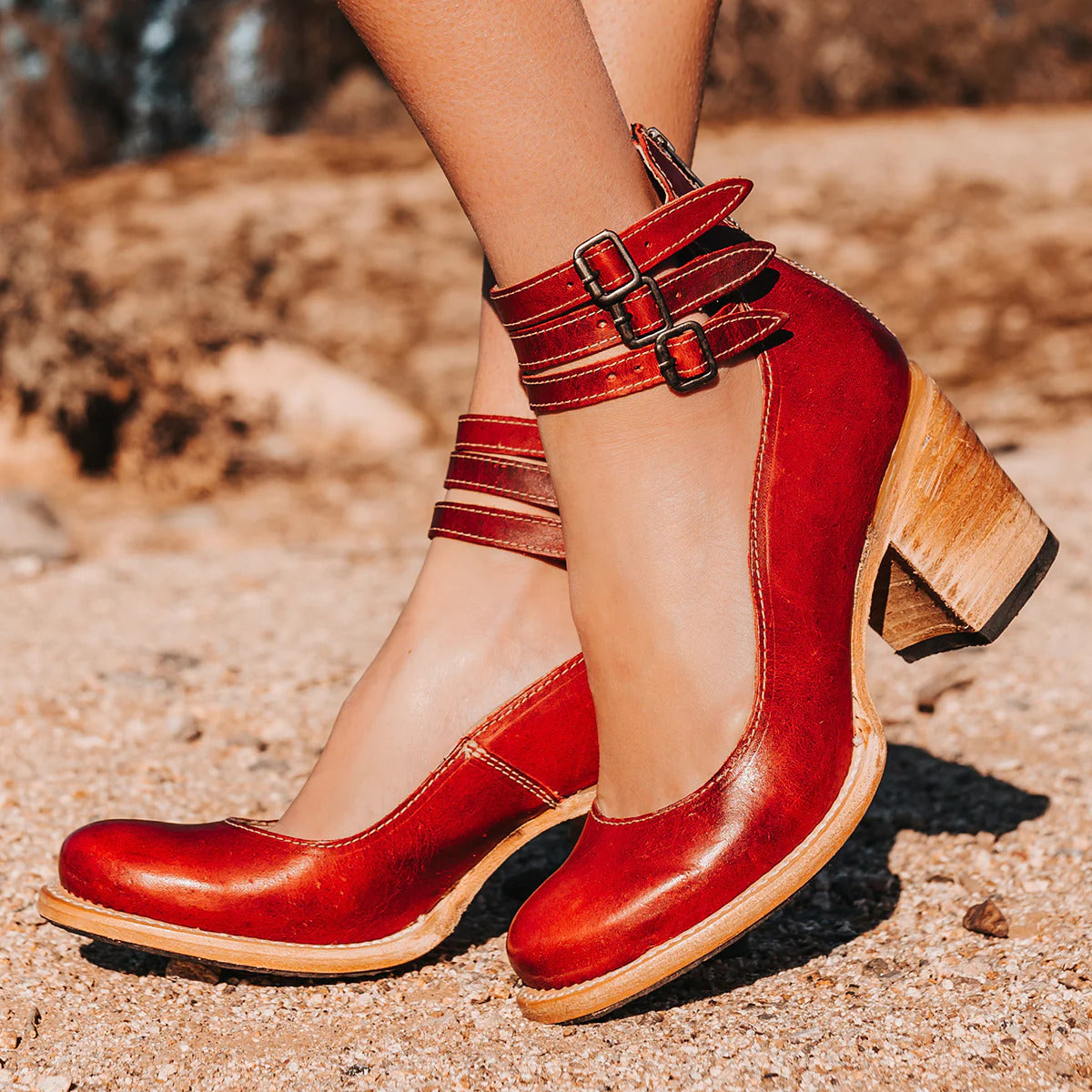 Women's Block-Heel Ankle Strap Boots for Weekends – Red