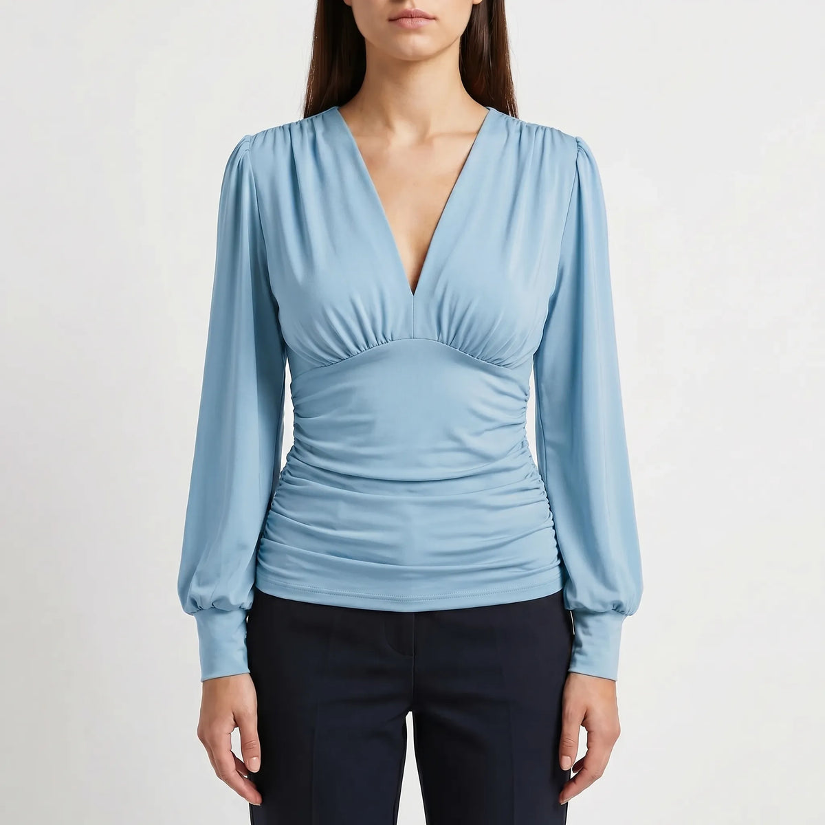Women's Ruched Waist Wrap-Style Blouse – Sky Blue