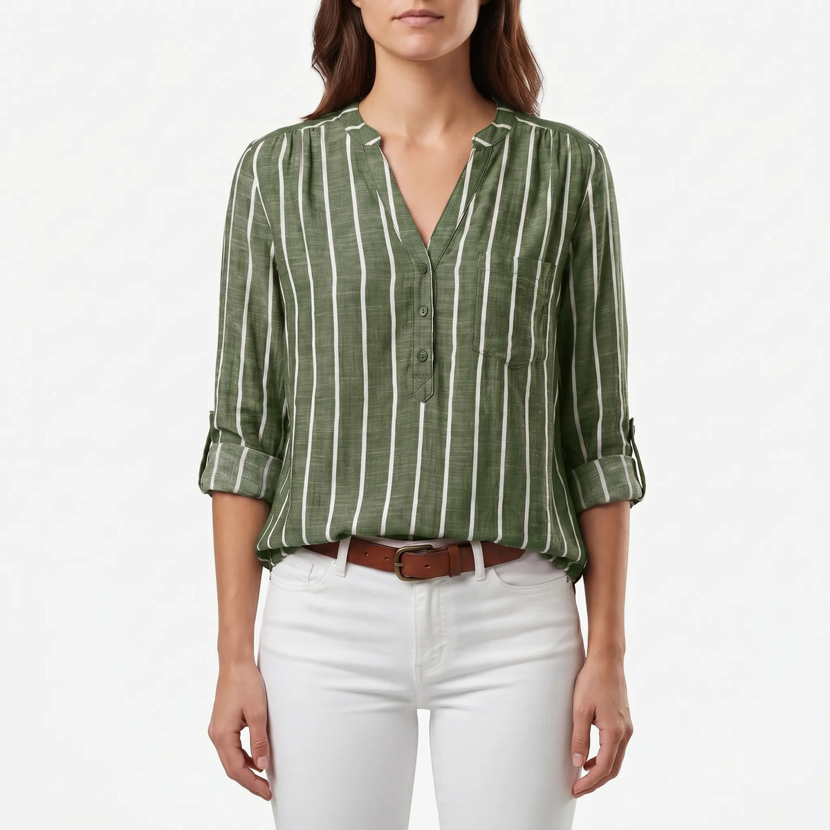 Women's Stripe-Detail V Neck Blouse – Green