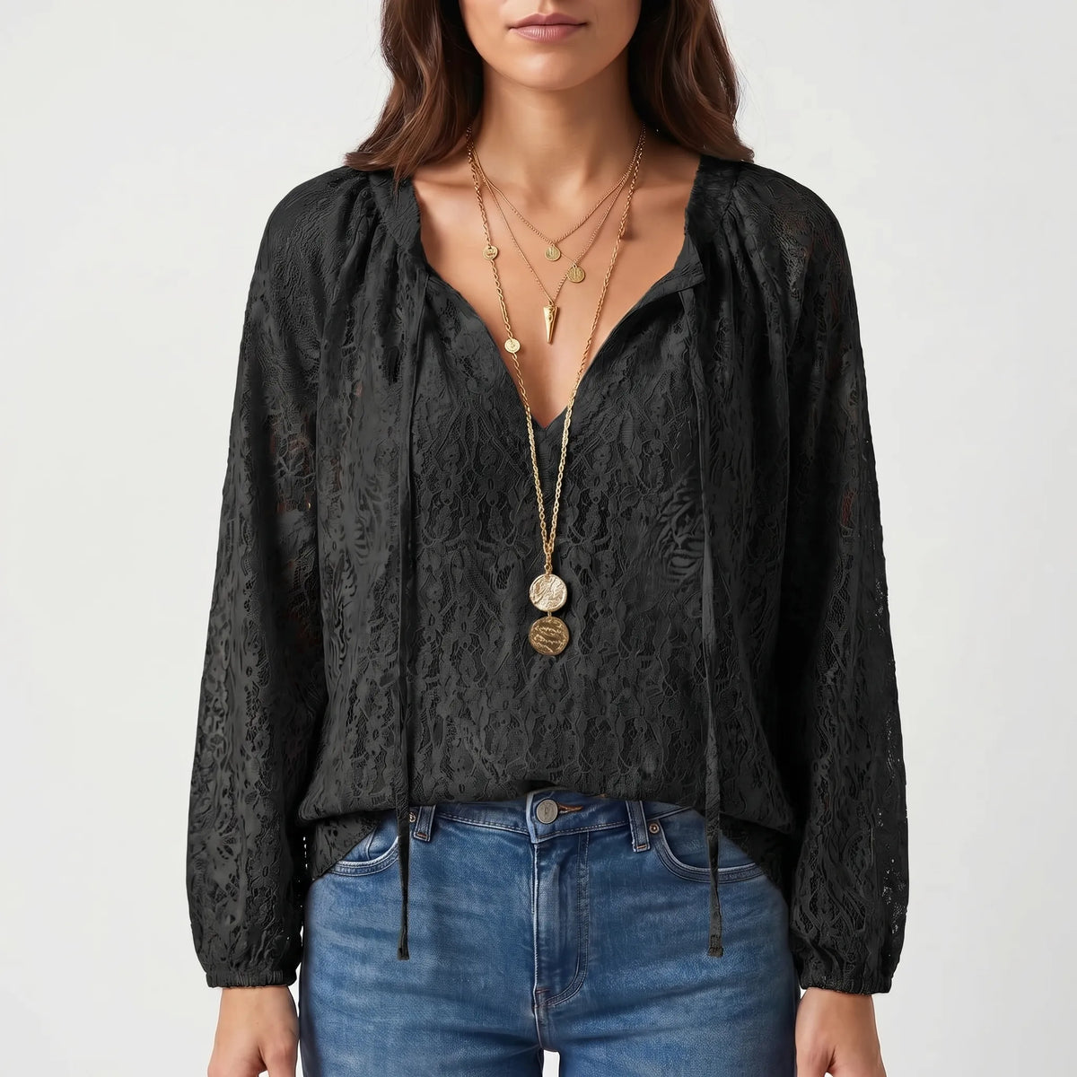 Women's Boho Lace-Detail Blouse – Black