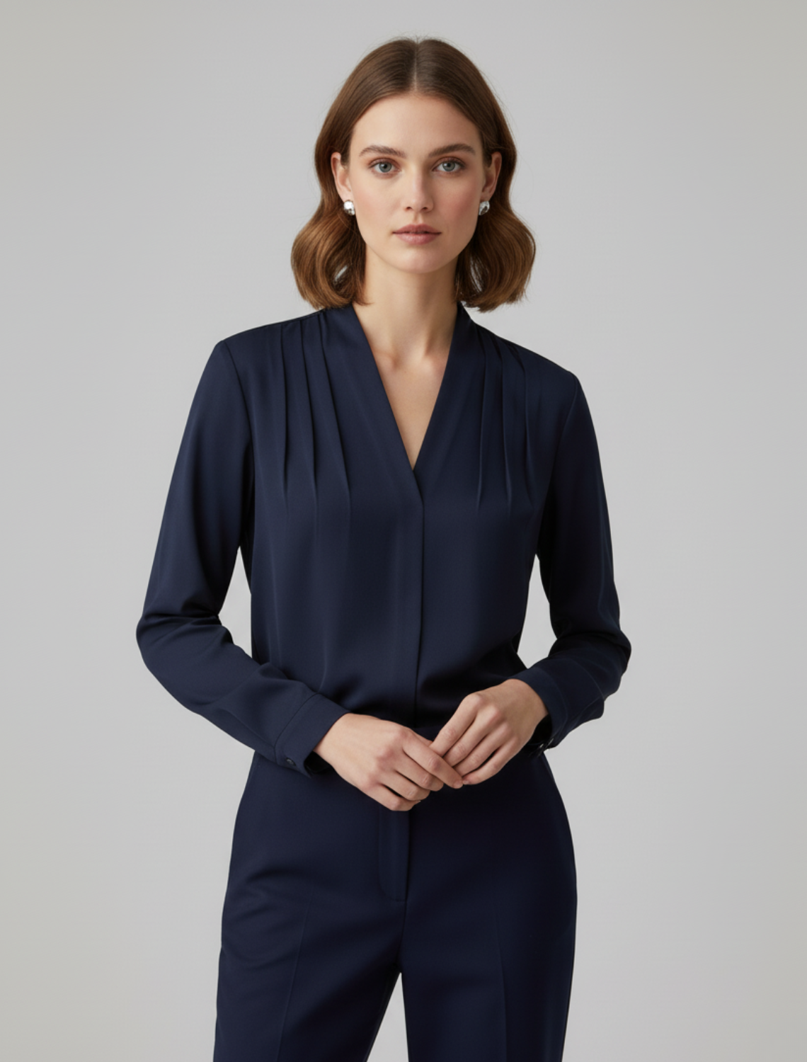 Women's Pleat-Detail V-Neckline Blouse – Navy Blue