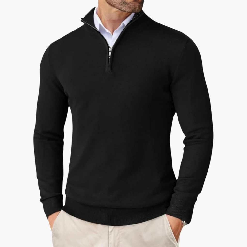 Men's Smooth Knit Quarter-Zip Pullover Top for Layering – Black
