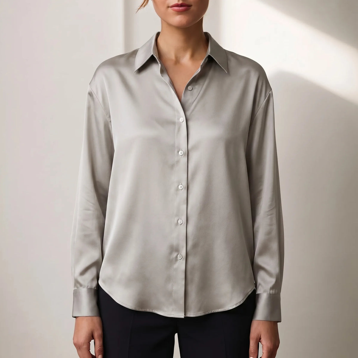 Women's Satin-Finish Button-Front Blouse – Gray