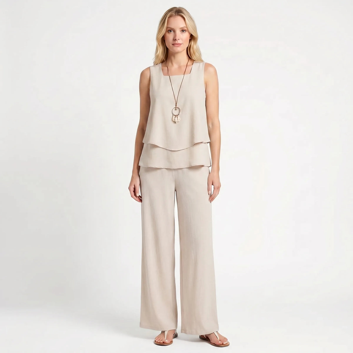 Women's Top and Wide-Cut Pants Set – Beige