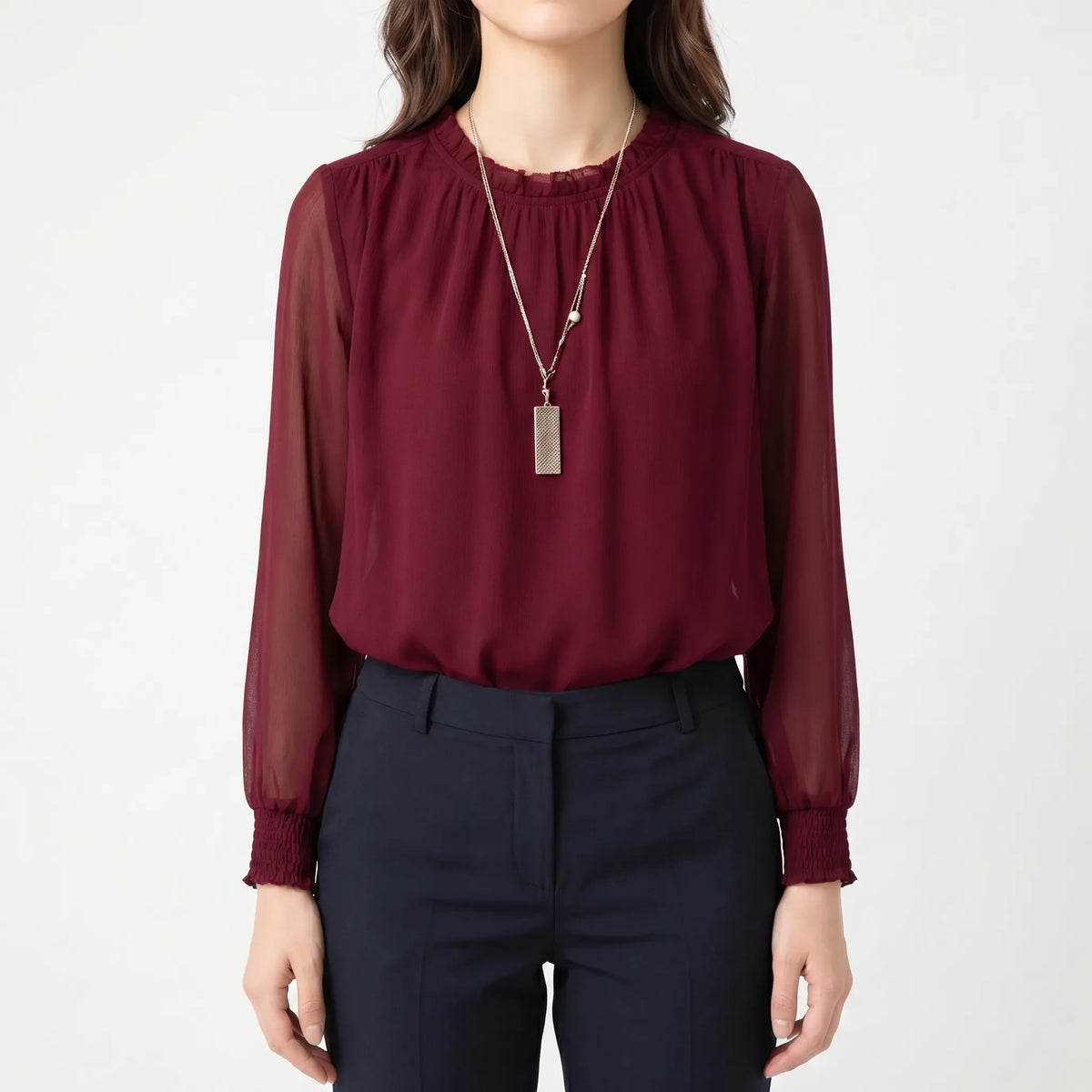 Women's Satin-Finish Ruffle Blouse – Dark Red