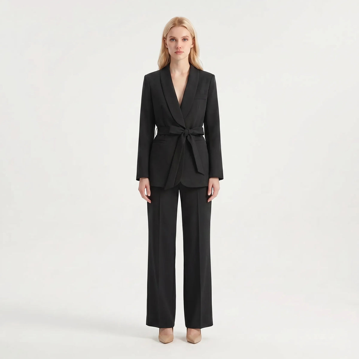 Women's Belt-Detail Wide-Cut Pants Suit Set – Black