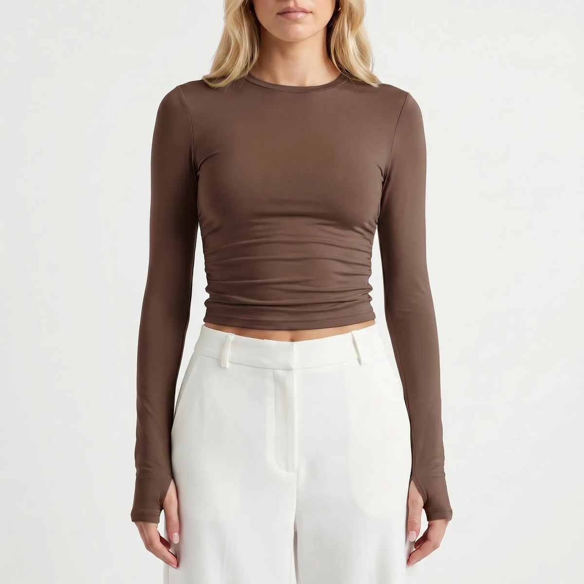 Women's Long-Sleeve Crop Top for Everyday Wear – Brown