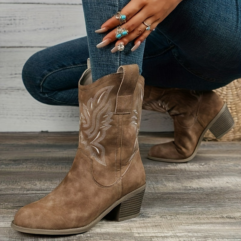 Women's Embroidery-Detail Wide Calf Western Cowboy Boots – Camel