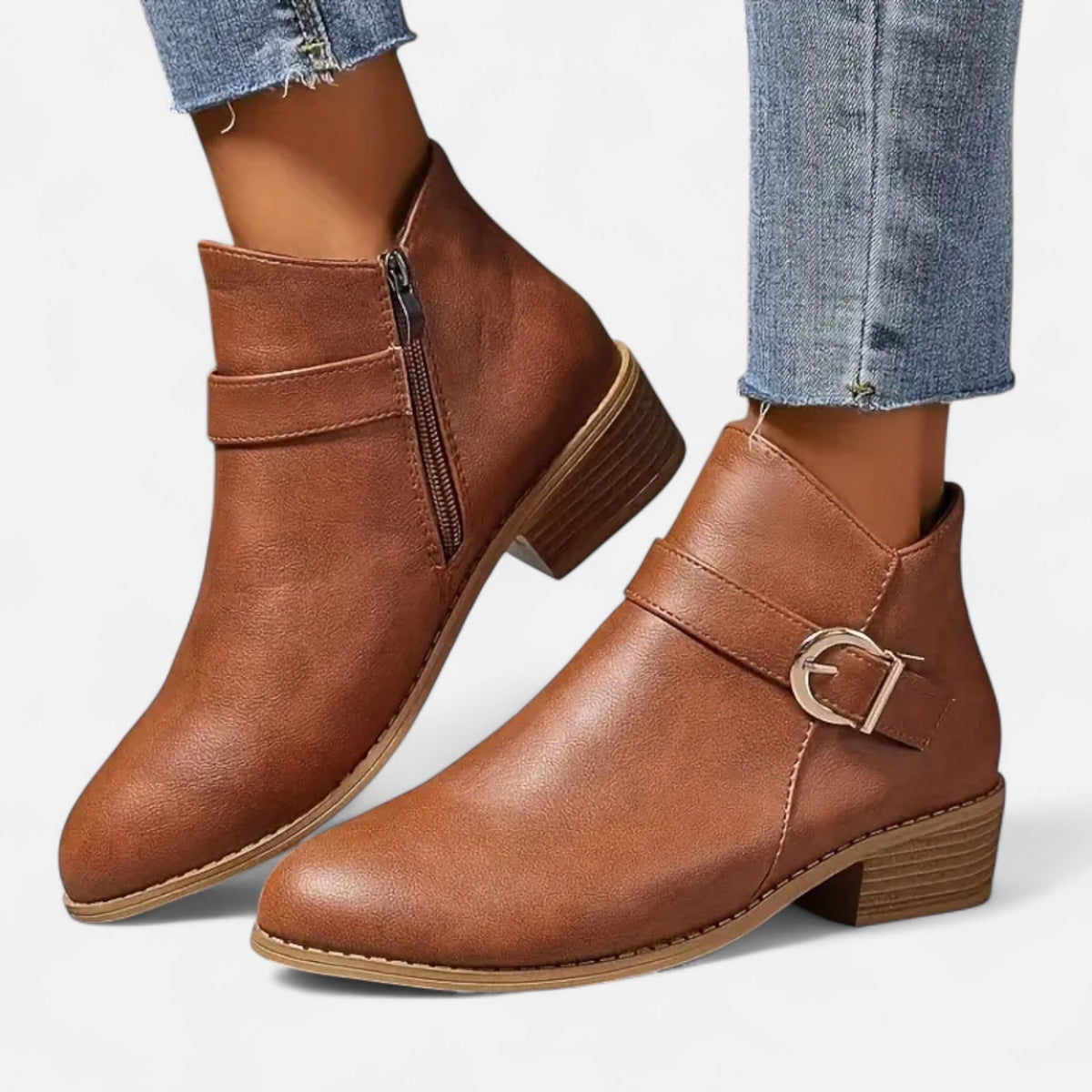 Women's Pointed-Toe Booties with Buckle Detail – Brown