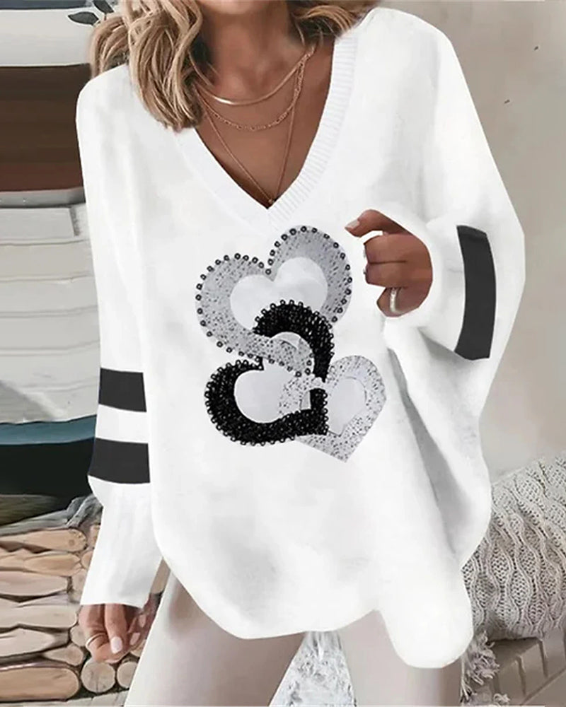 Women's Relaxed-Fit V-Neckline Sequined Heart Knit Pullover – White