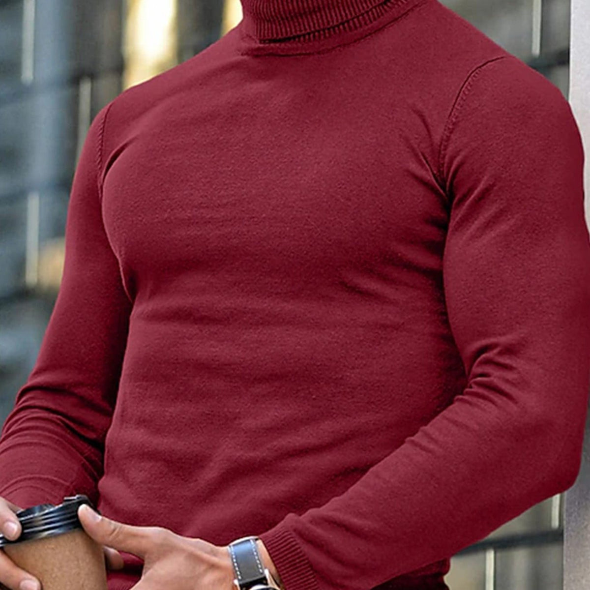 Men's High Neck Fitted Roll-Neck Knit Pullover – Burgundy