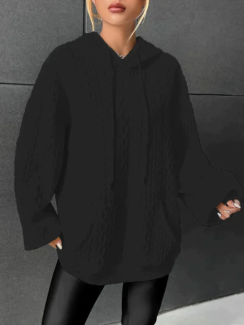 Women's Loose-Fit Tie-Waist Hoodie with Front Pocket – Black