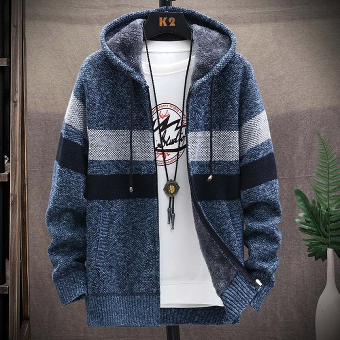 Men's Light-Weight Longline Hood-Detail Knit Cardigan – Dark Blue