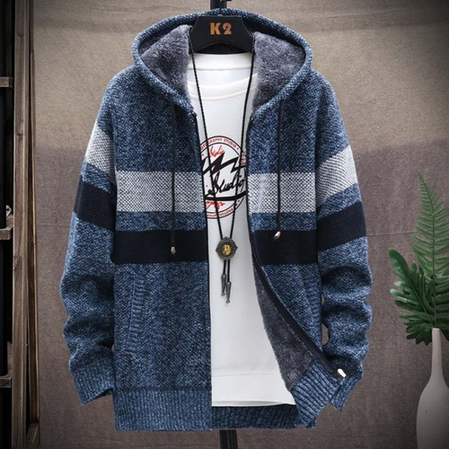 Men's Light-Weight Longline Hood-Detail Knit Cardigan – Dark Blue