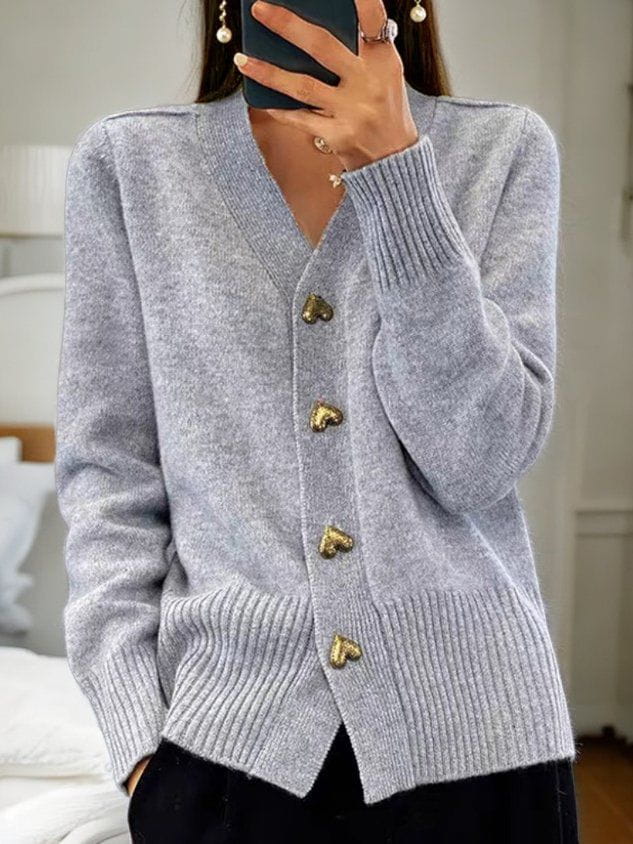 Women's Heart-Button V-Neckline Knit Cardigan – Gray