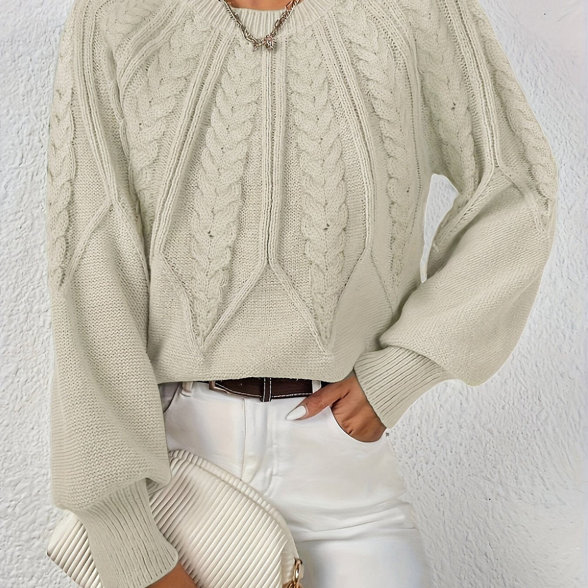 Women's Cable-Stitch Lantern Sleeve Pullover – Beige