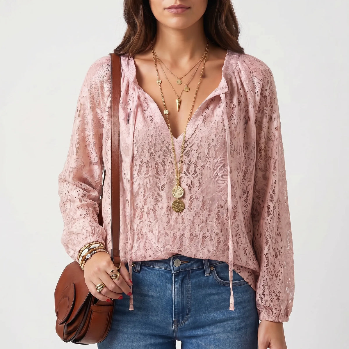 Women's Boho Lace-Detail Blouse – Pink