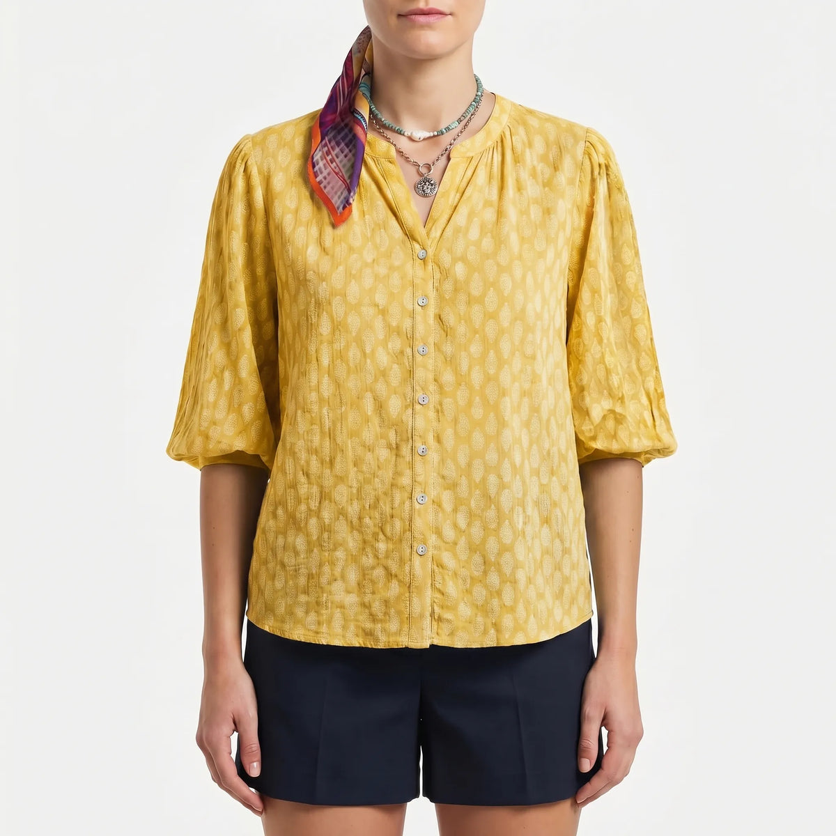 Women's Print-Detail Button-Front Blouse – Yellow