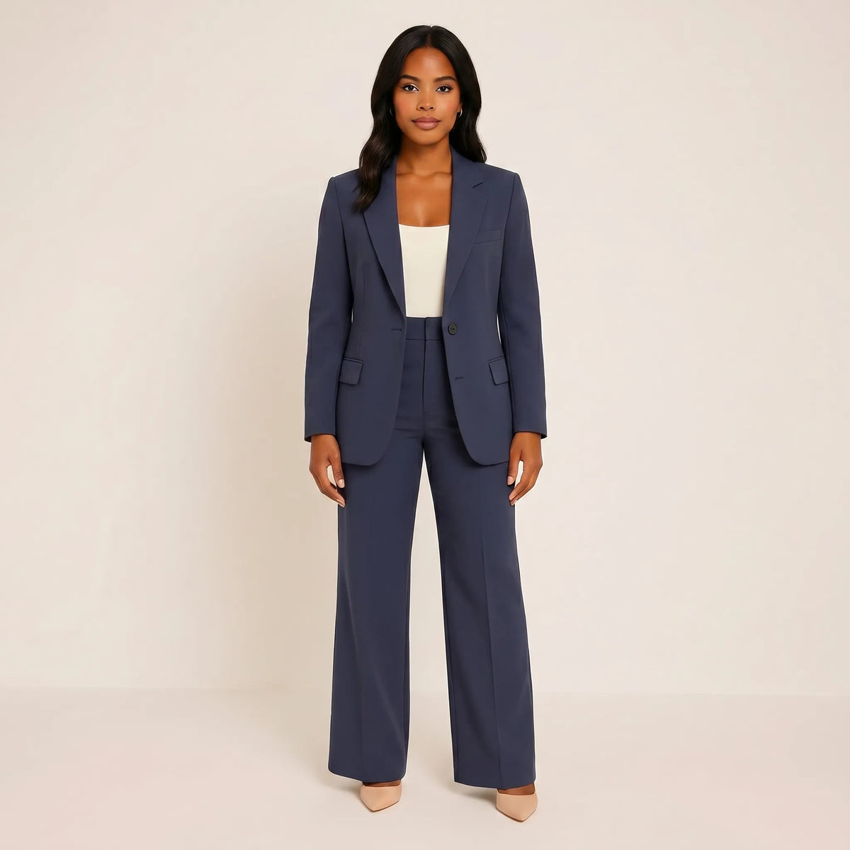 Women's One Button Flare Pants Suit Set for Fall – Navy Blue