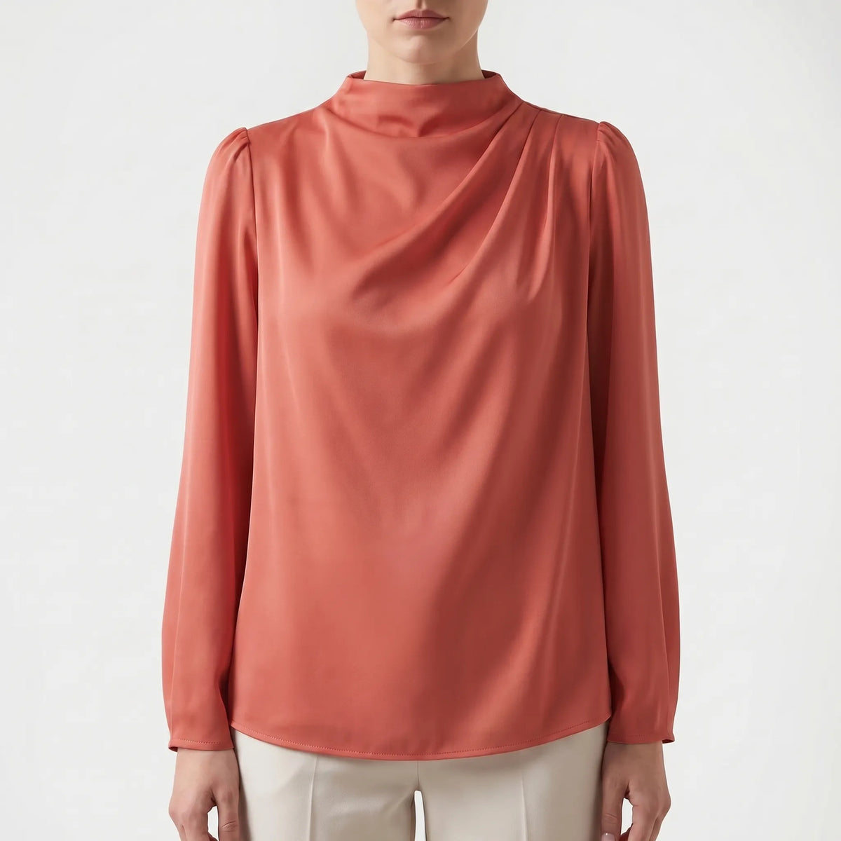 Women's Satin-Finish Draped Blouse – Coral