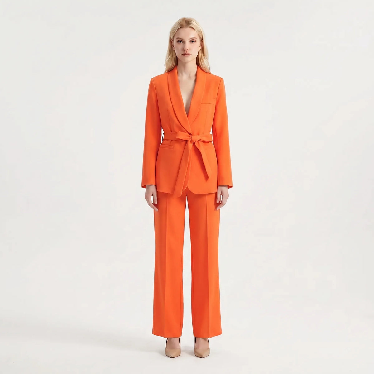 Women's Belt-Detail Wide-Cut Pants Suit Set – Orange