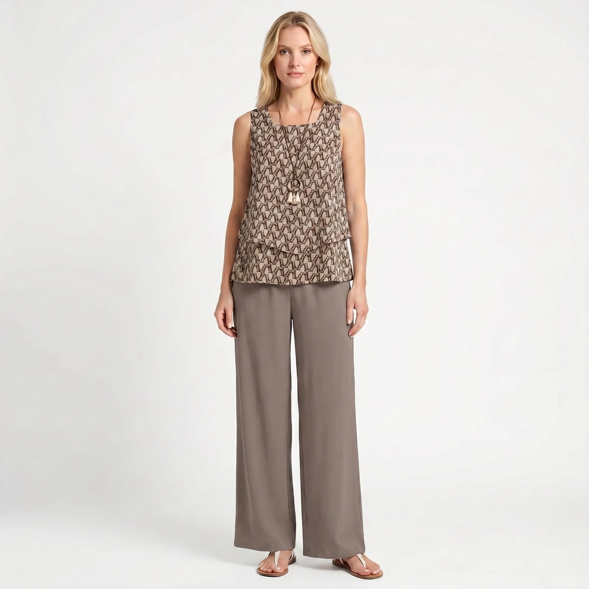 Women's Top and Wide-Cut Pants Set – Brown