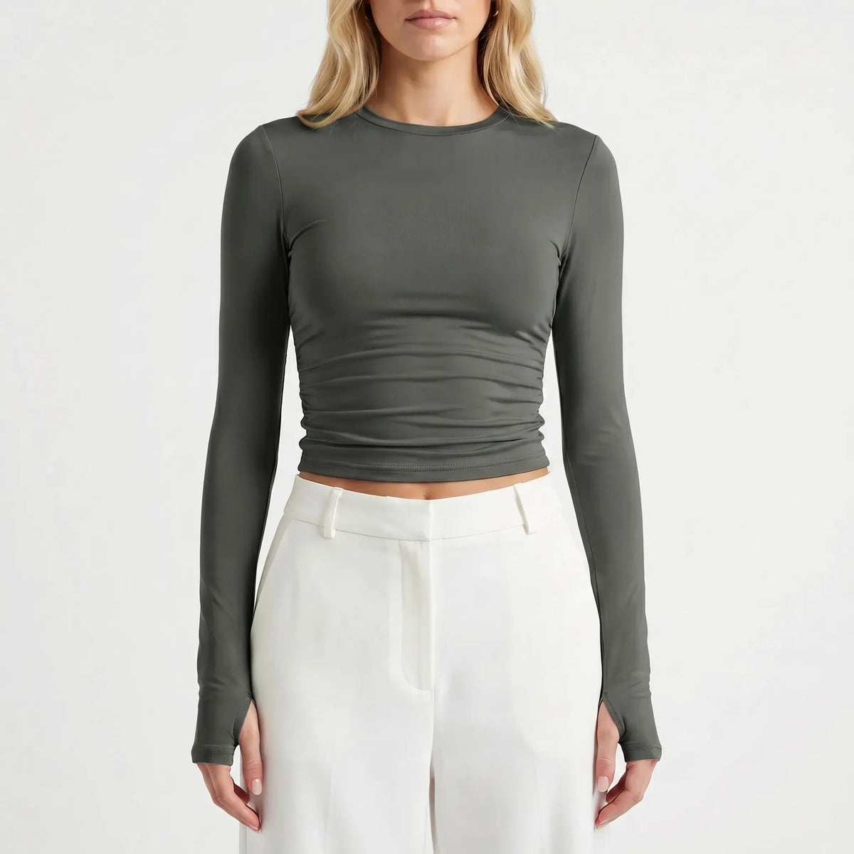 Women's Long-Sleeve Crop Top for Everyday Wear – Gray