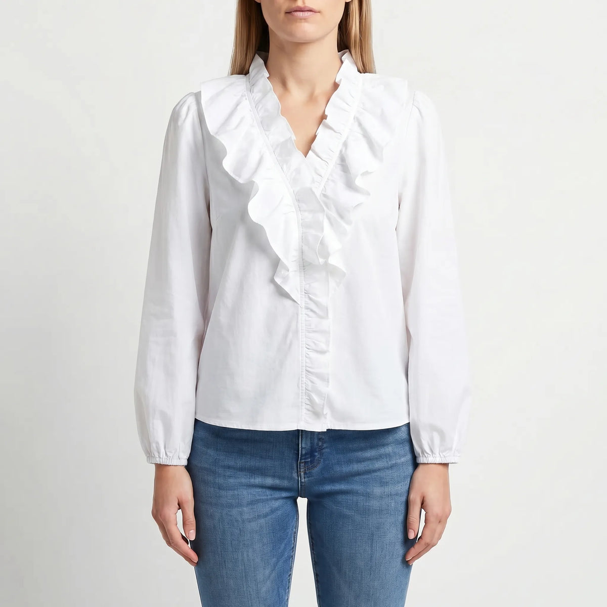 Women's Ruffle V Neck Blouse for Weekends – White