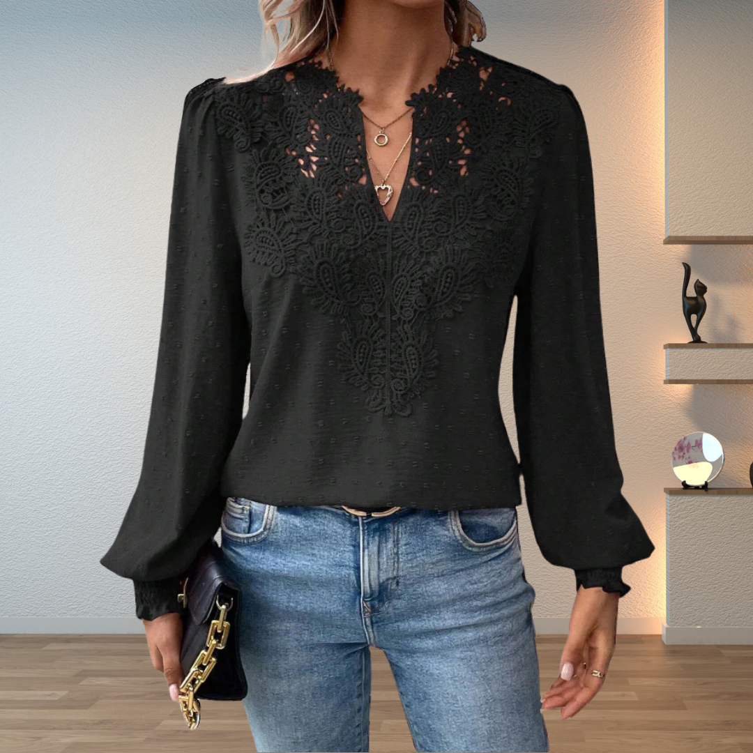 Women's Textured V-Neckline Blouse – Black