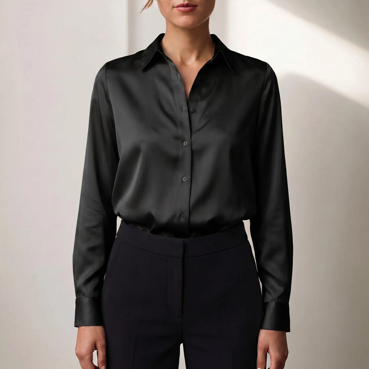 Women's Satin-Finish Button-Front Blouse – Black