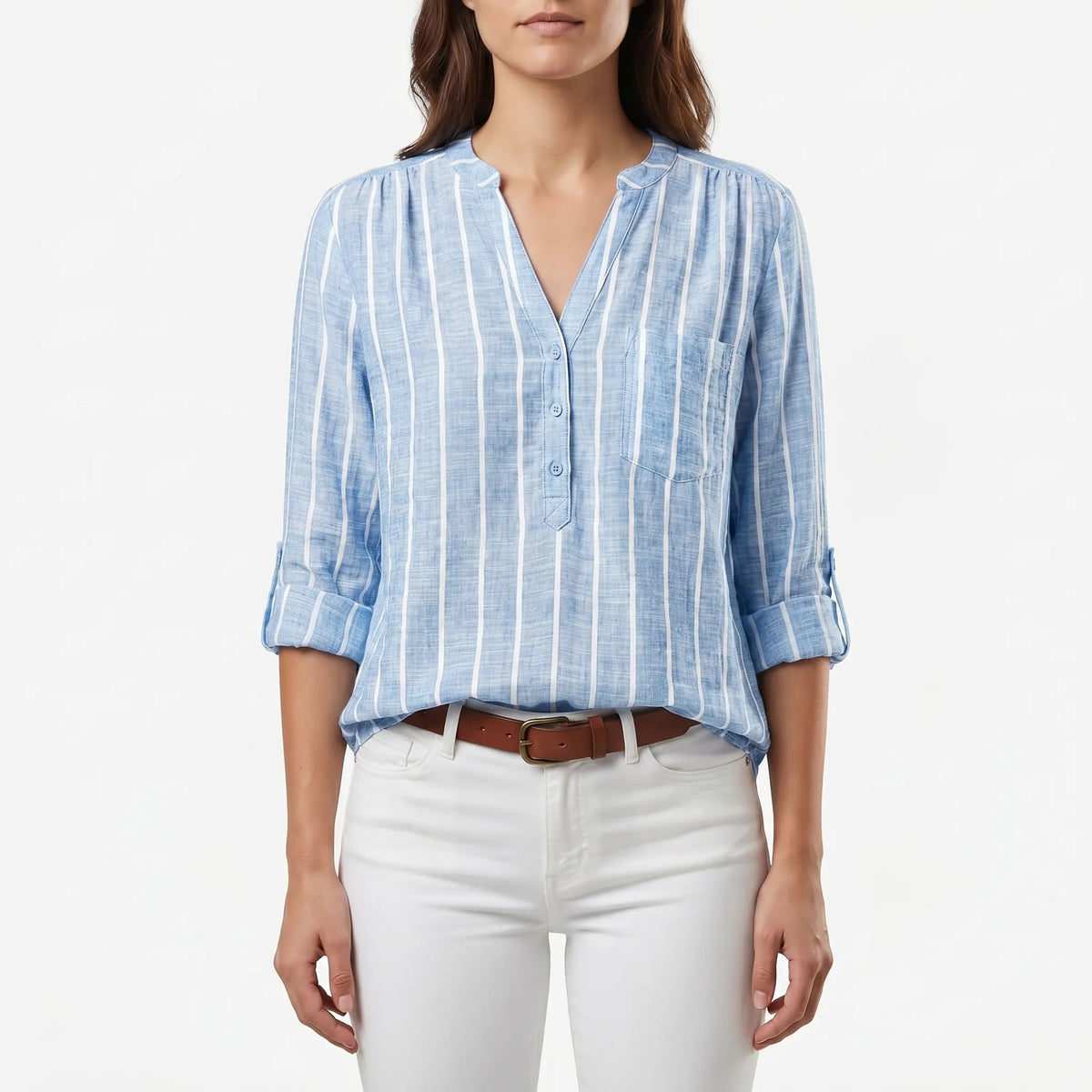 Women's Stripe-Detail V Neck Blouse – Light Blue