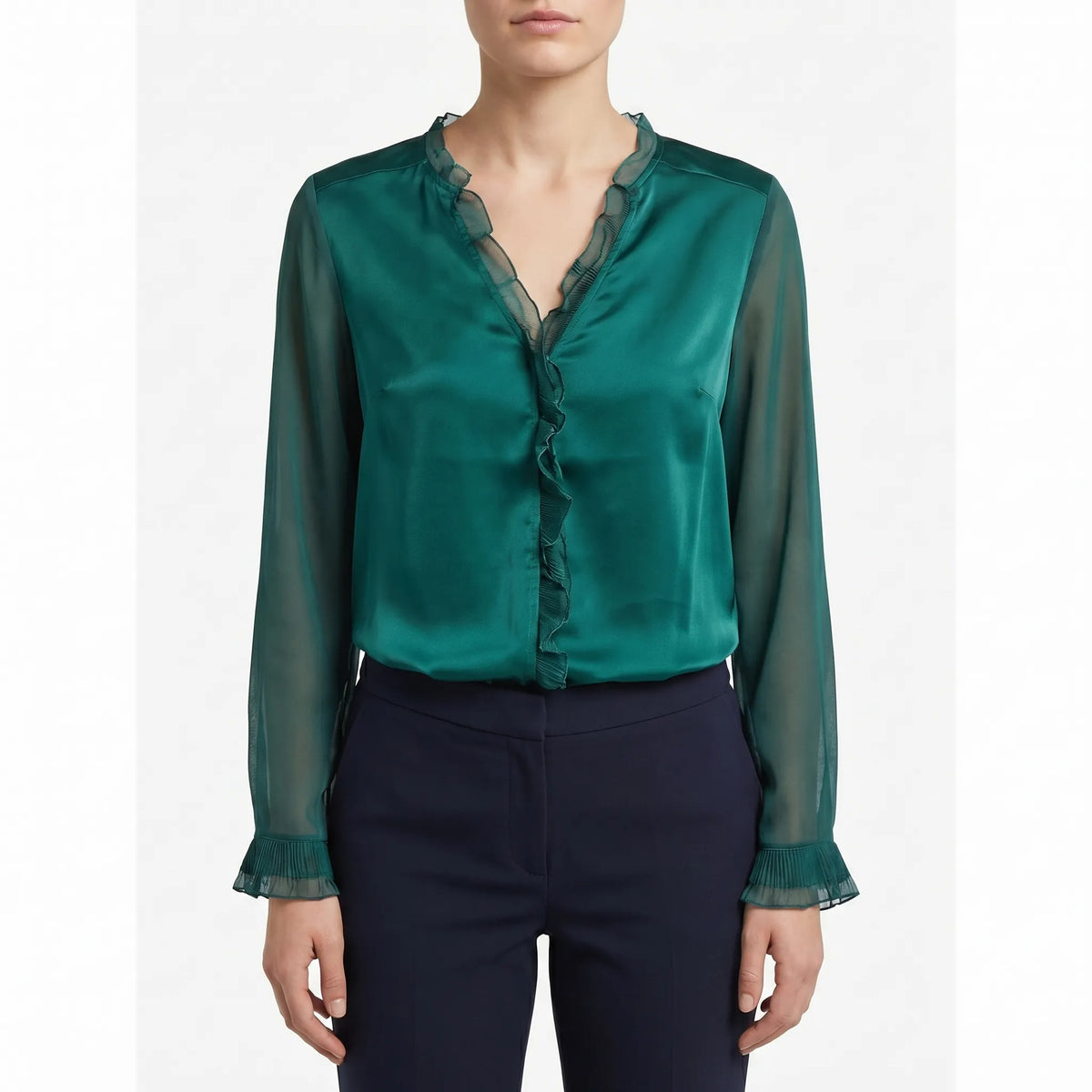Women's Satin-Finish Ruffle Blouse – Dark Green