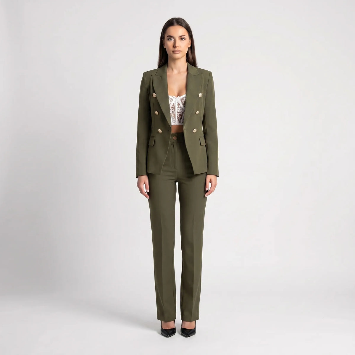 Women's Fitted 2 Piece Suit Set – Army Green