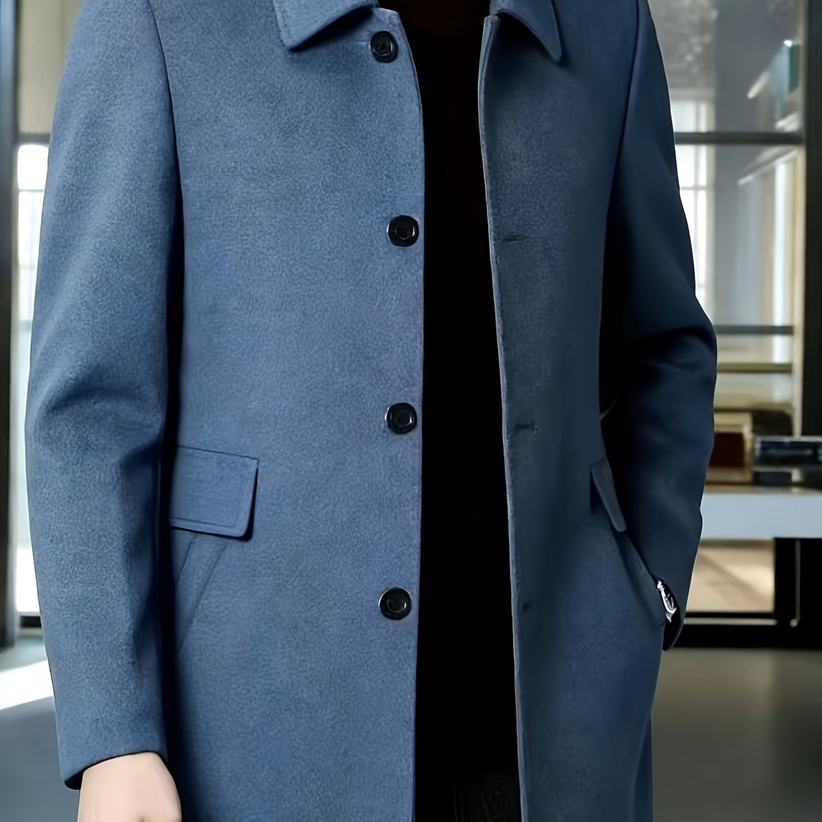 Men's Refined Single-Breast Overcoat with Side Pockets – Deep Sky Blue