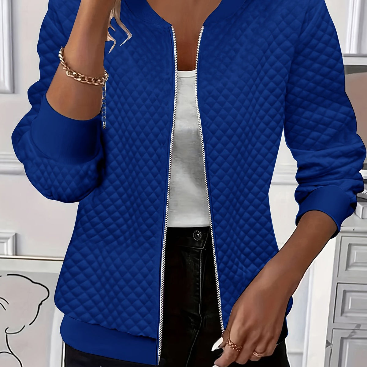 Women's Quilted-Texture Baseball Collar Jacket for Work – Violet