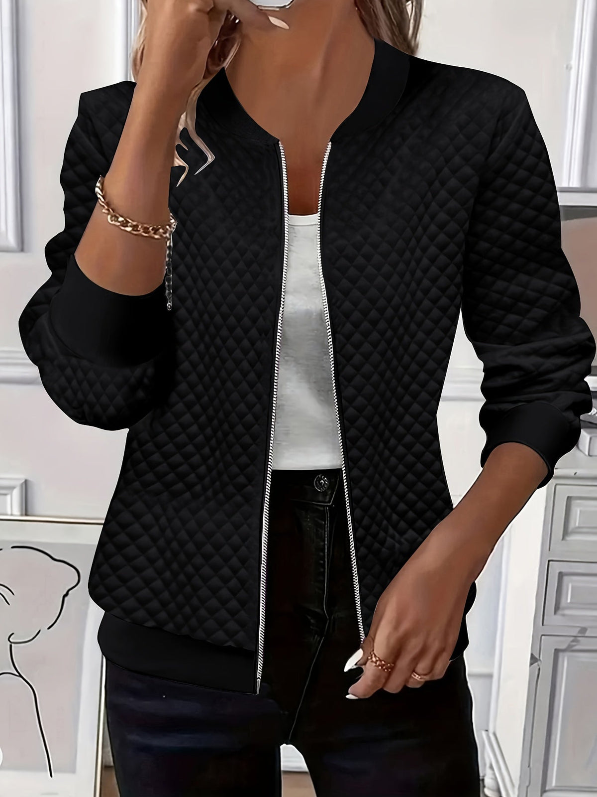Women's Quilted-Texture Baseball Collar Jacket for Work – view 2