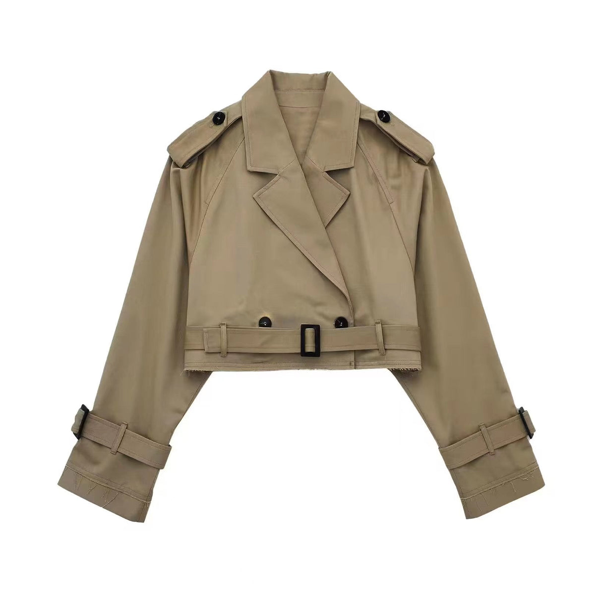 Women's Belt-Detail Crop-Length Trench Jacket – Khaki