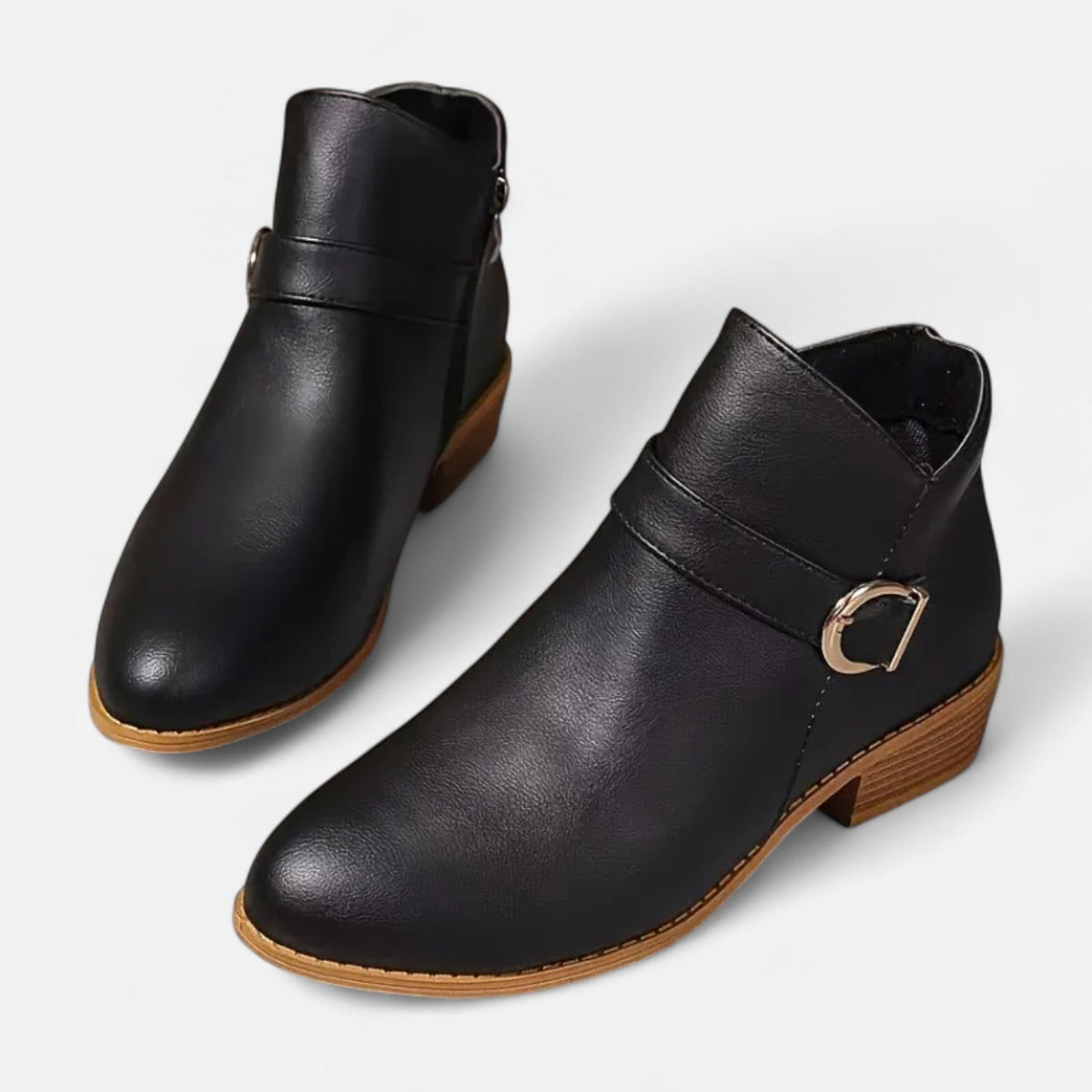 Women's Pointed-Toe Booties with Buckle Detail – Black