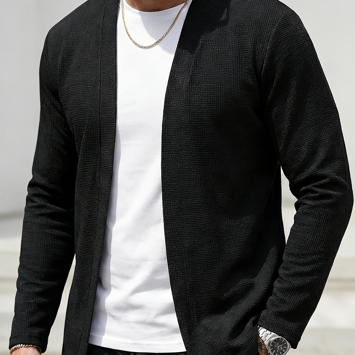 Men's Open-Style Textured Knit Cardigan – Black